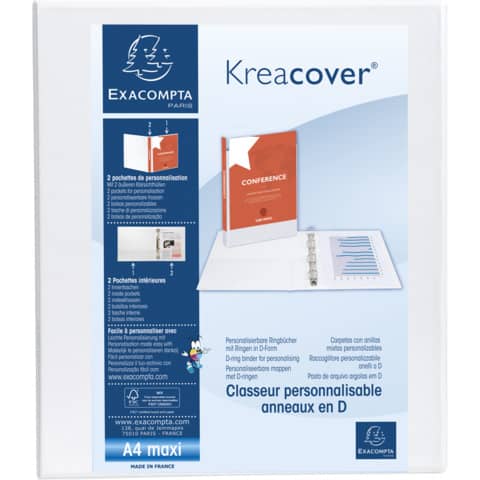 Raccoglitore personalizzabile Exacompta A4 maxi Kreacover® bianco 4 anelli a D 40 mm - 51943E